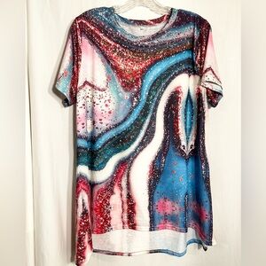 WOMENS 3XL XXXL MULTI COLORED ABSTRACT PRINT SHORT SLEEVE HIGH LOW HEM T-SHIRT